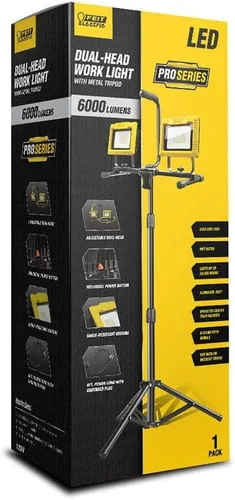 Vista 2 de Feit Electric Luces de trabajo LED portátiles de 60 W con soporte de trípode telescópico, ProSeries de doble cabezal ajustable, enchufable, 6000