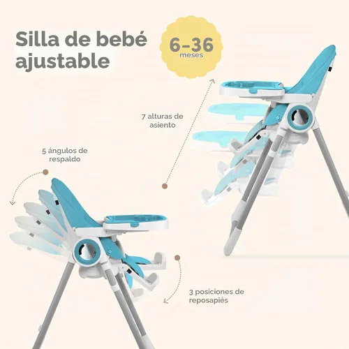 Vista 2 de Silla alta para bebé ajustable a 7 alturas diferentes - Sillas altas plegables para bebés y niños pequeños - Silla para comer de bebé - Azul