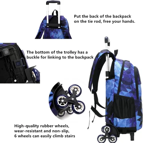 Vista 7 de Juego de mochila escolar con ruedas para niños de 3 piezas, NegroAzul Cielo Estrellado