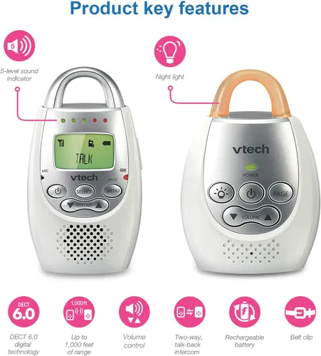 Vista 8 de VTech Communications DM221 - Monitor de audio para bebés con hasta 1,000 pies de alcance, alerta de sonido vibratoria, intercomunicador