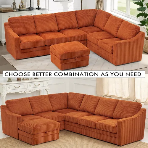 Vista 7 de Sofá modular de pana de 115 pulgadas con otomana de almacenamiento Naranja