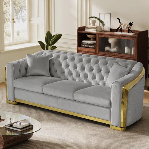 Vista 12 de DAMAIFROM Sofá Chesterfield moderno de mediados de siglo, sofá de terciopelo de 62" blanco y dorado, sofá biplaza curvo de lujo para sala de estar