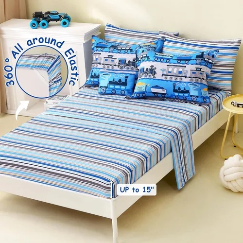 Vista 5 de Mooreeke Juego de edredón individual para niños de 6 piezas, juego de ropa de cama azul para adolescentes, cama de tren de microfibra para niños