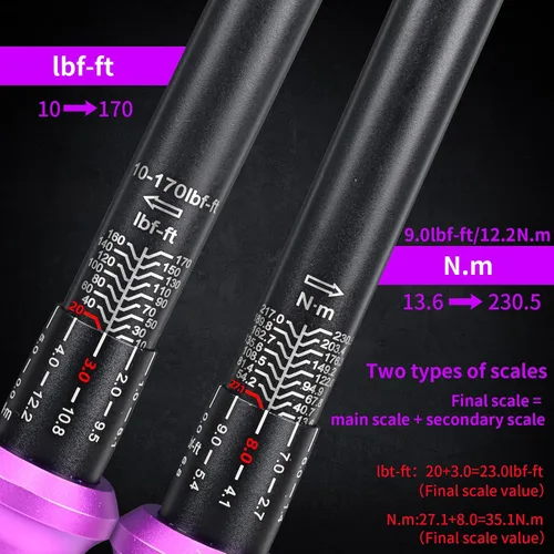 Vista 2 de Llave dinamométrica de clic de 1/2 pulgada 10-170 FT-LB/13.6-230.5N.M, precisión de ±3%, llave dinamométrica profesional de clic de doble dirección