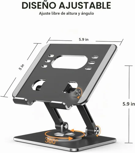 Vista 3 de Soporte para Tablet con Base Giratoria de 360° de Aluminio Ajustable de Doble Varilla para Todos los iPad de 5.8-12.9”, Samsung, Teléfono Tablet