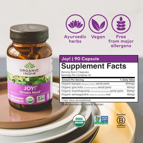 Vista 6 de ORGANIC INDIA Joy Suplemento de hierbas – Apoyo inmunológico, promueve la memoria y la concentración, vegano, sin gluten, Kosher, certificado