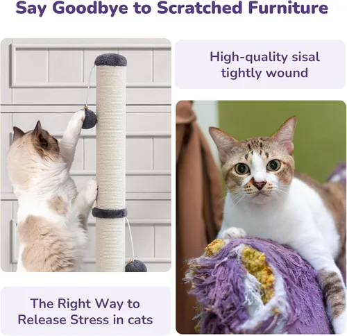 Vista 5 de Woochpet Poste rascador de gatos de 33 pulgadas de alto para adultos, poste rascador grande resistente con bola colgante con divertido agujero