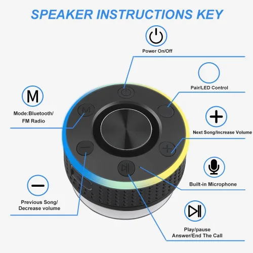 Vista 6 de Altavoz de ducha Bluetooth, altavoz portátil Bluetooth 5.3 con ventosa, altavoces inalámbricos impermeables IP7, luces RGB, micrófono integrado