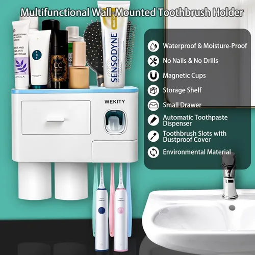 Vista 2 de Soporte multifuncional para cepillos de dientes montado en la pared, dispensador automático de pasta de dientes que ahorra espacio para cepillos
