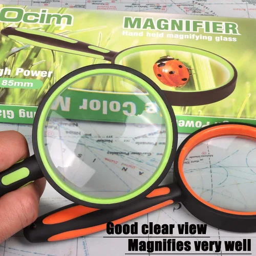 Vista 3 de Ocim Paquete de 2 lupa, 2.953 in, 10 lentes de lupa inastillables de mano con mango de goma antideslizante para personas mayores/niños, lectura