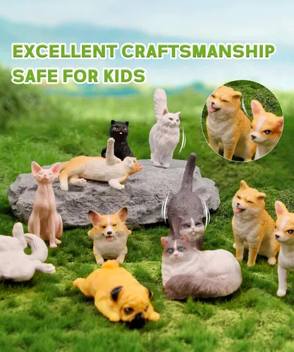 Vista 5 de RECUR Figuras de animales de gatos y perros, figura en miniatura para tartas, 100% pintada a mano, mini figura de mascotas para niños, 12