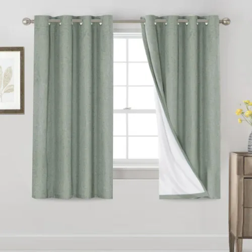 Vista 79 de Cortinas con textura de lino 100% opacas de 64 pulgadas de largo, juego de 2 paneles de cortinas de lino opacas con forro aislante térmico que Arena
