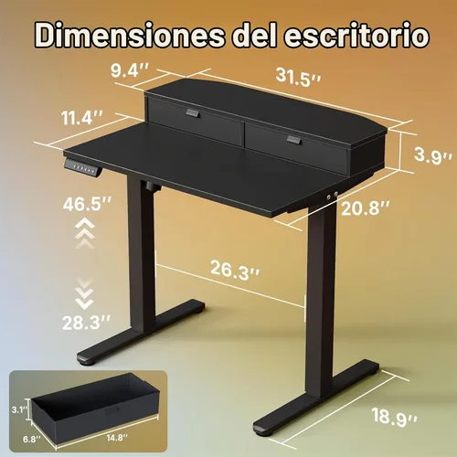 Vista 2 de HUANUO - Escritorio eléctrico de pie de 32 x 21 pulgadas con 2 cajones, compatible con montaje con abrazadera en C, escritorio de computadora