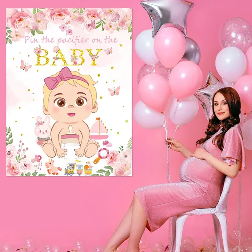 Vista 8 de Juego Pon el Chupete al Bebé Rosa Juego de Baby Shower Decoraciones para Fiesta Incluye Póster Grande 30 Pegatinas de Chupete Juego para Baby
