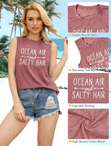 Vista 5 de Camiseta sin mangas de playa para mujer, diseño de mar y aire salado, divertido crucero de verano, sin mangas, para vacaciones familiares