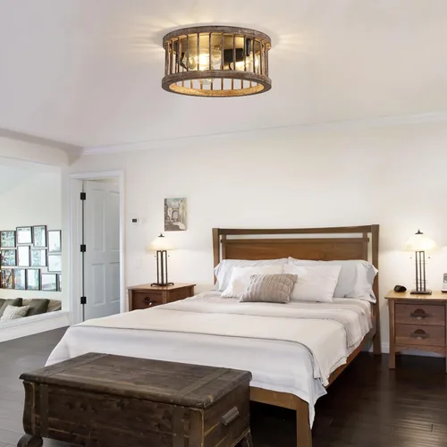 Vista 8 de Lámpara de techo de montaje empotrado estilo granja, 3 luces de metal y madera de 12.6 pulgadas, lámpara de techo para cocina, pasillo, comedor