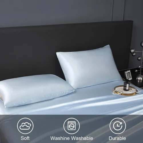 Vista 8 de Revdomfly Juego de 4 Piezas de Sábanas de Satén Azul Bebé de Tamaño Completo, Lujosas y Suaves como Seda, 1 Sábana Bajera Premium que Absorbe