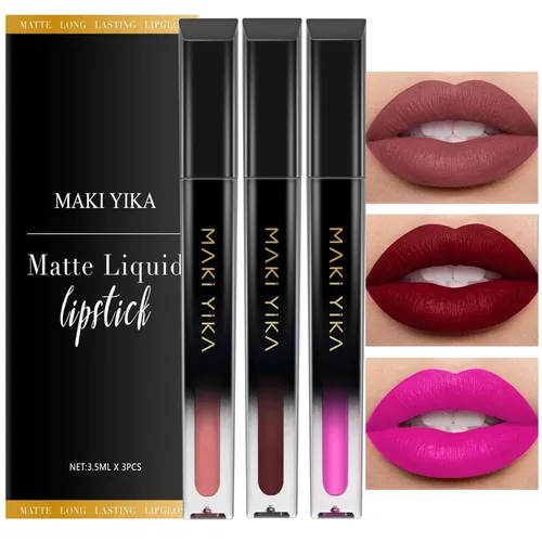 Vista 47 de MAKI YIKA Juego de 3 lápices labiales líquidos mate, color negro y rojo Negro/Rojo Oscuro/Desnudo