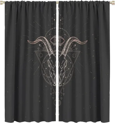 Vista 53 de BAEKJIN Cortinas de cabeza de cabra, diseño de calavera malvada, bruja, símbolo misterioso, bolsillo para barra, cortinas opacas para ventana, juego