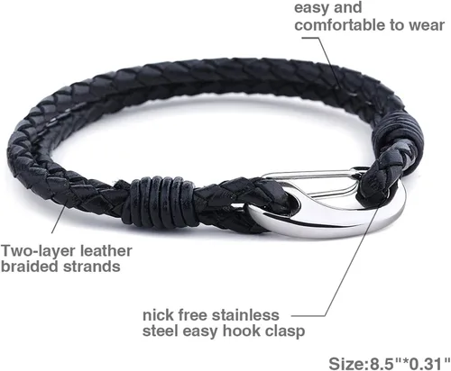 Vista 2 de OIDEA 2 pulseras trenzadas de cuero para hombre y mujer, de acero inoxidable, cierre de gancho fácil de 8.0in