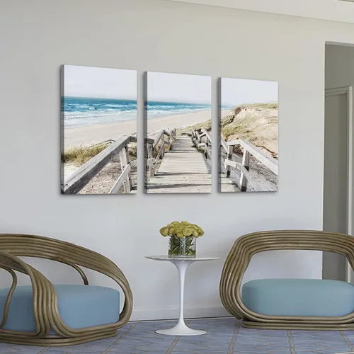 Vista 6 de Lienzo de playa costero para pared: tres piezas para dormitorio, imagen del océano, camino del océano, obra de arte de paisaje marino, pintura
