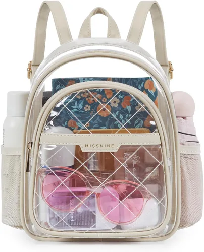 Vista 8 de Missnine Mochila transparente aprobada para estadios, mini bolsa transparente de PVC grueso con ribete de cuero para eventos deportivos, conciertos