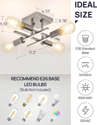 Vista 3 de Lámpara de techo industrial de 4 luces, semiempotrada, moderna lámpara de araña de níquel cepillado, lámpara de techo Sputnik con base de bombilla