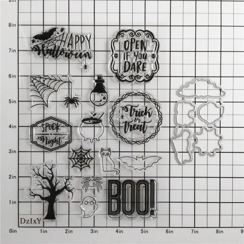 Vista 2 de DzIxY Juego de sellos transparentes de árboles de araña de Halloween y troqueles de corte de metal para hacer tarjetas, álbumes de recortes