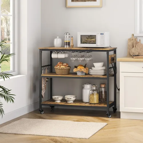 Vista 2 de Yaheetech - Carrito de isla de cocina con toma de corriente, 3 estantes, color marrón rústico 40 Inches Rolling Kitchen Island With Storage,3-Tier