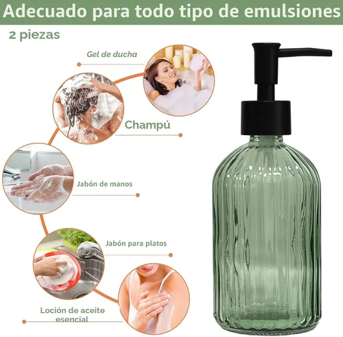 Vista 4 de Juego de dispensador de jabón de vidrio verde con bomba negra, dispensador de jabón líquido para manos recargable de 13.5 onzas, dispensador