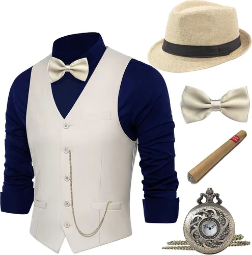 Vista 10 de BABEYOND - Disfraz de hombre de los años 1920, set de accesorios para disfraz de gángster de Gatsby con chaleco vintage, corbata, reloj de bolsillo