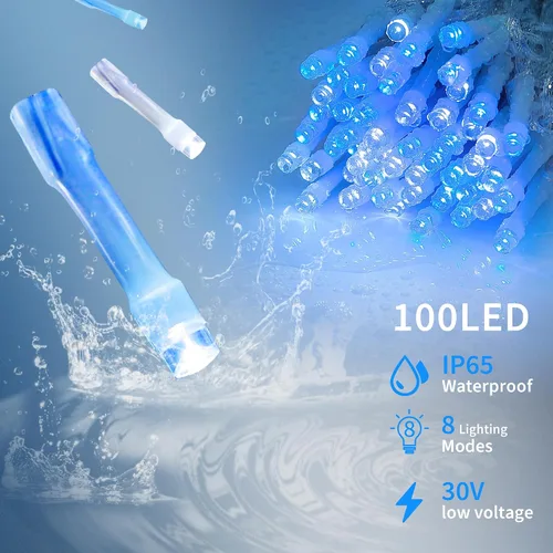 Vista 3 de 100 luces LED de Navidad, 33 pies, luces de cadena extensibles de 8 modos, impermeables para exteriores, luces de hadas parpadeantes enchufables