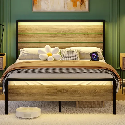 Vista 23 de VINGLI Base de cama de plataforma individual con cabecero y estribo LED, estación de carga USB, cama de panel de metal con espacio de almacenamiento