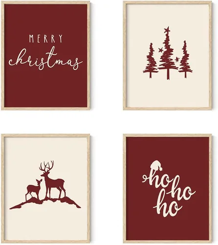 Vista 7 de XYDEG Conjunto de 4 Impresiones de Arte Navideño para Pared, Impresiones Navideñas, Hola Invierno Vintage Santa Navidad Muñeco de Nieve Búfalo