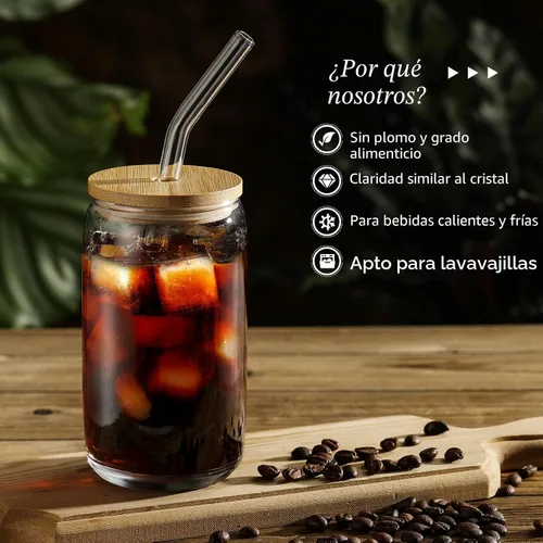 Vista 3 de [Juego de 12 piezas] Vasos de vidrio con tapas de bambú y popote de vidrio, vasos para beber en forma de cerveza, vasos de café helado de 16 onzas