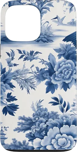 Vista 23 de iPhone 16 White and blue Chinoiserie Botanical Floral Bird Classic Case