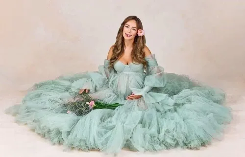 Vista 7 de Vestidos de maternidad de tul para sesión de fotos, batas de hombro descubierto, manga larga, lencería nupcial, vestido de baby shower, vestidos