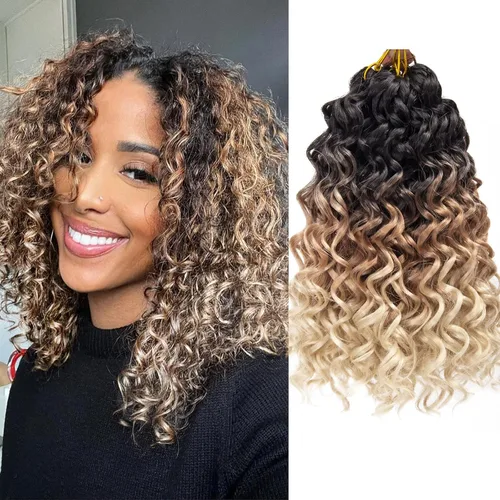 Vista 52 de GoGo Curl Crochet Hair 18 pulgadas onda de agua pelo sintético bohemio ganchillo trenzado jengibre onda profunda extensiones de cabello trenzado