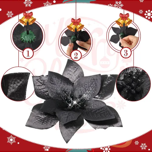 Vista 3 de Crowye 36 Piezas 3 Tamaños Flores de Pascua Artificiales con Purpurina de Navidad Flores del Árbol de Navidad Flores de Pascua Artificiales Adornos