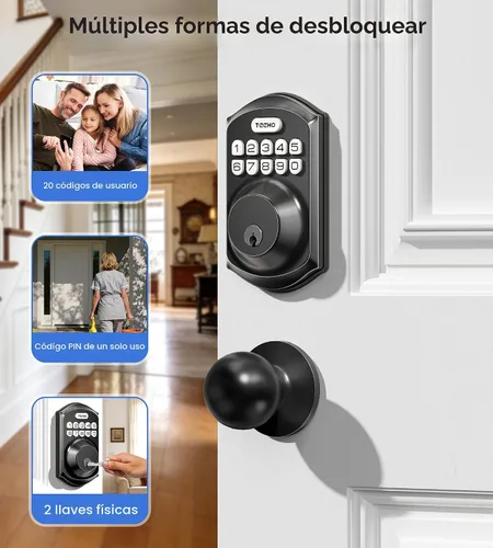 Vista 2 de TEEHO TE001K Cerradura de puerta de entrada sin llave con perilla para Negro mate