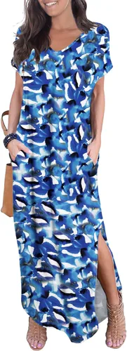 Vista 26 de GRECERELLE - Vestido largo para mujer, holgado, con bolsillos, manga corta y abertura lateral, estilo informal Verde militar
