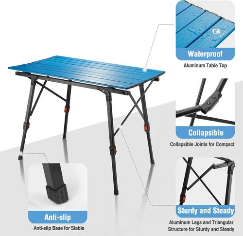 Vista 7 de Mesa de camping portátil VILLEY con patas ajustables, mesa de playa ligera de aluminio plegable con bolsa de transporte para cocinar al aire libre