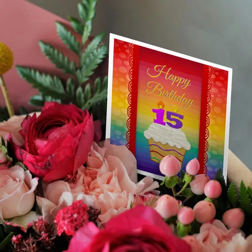 Vista 3 de Tarjeta de felicitación - Cupcake con velas de número, cumpleaños de 15 años, diseño de cumpleaños