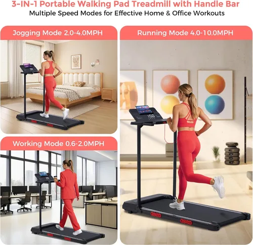 Vista 2 de Walking Pad with Handle Bar and Incline, 3.0HP Electric Portable Small Treadmills with Incline for Home Small Spaces, 0.6-7.6MPH Compact Walking