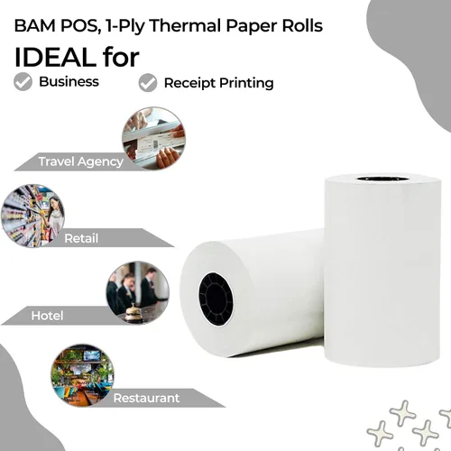Vista 5 de BAM POS Papel térmico de 1 capa, 2-1/4 x 50 pies, compatible con Ingenico ICT 200/220/250, Verifone VX 520, Hypercom, Nurit Machines, sin BPA