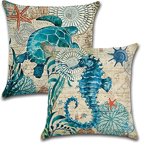 Vista 10 de 7COLORROOM Paquete de 2 fundas de almohada de playa/costera, tortuga marina/caballo marino, fundas de cojín decorativas de algodón y lino, 20 x 20