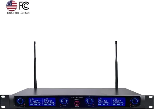 Vista 2 de Sound Town Sistema de micrófono inalámbrico UHF profesional de 4 canales con receptor de metal montado en estante y 4 micrófonos de mano