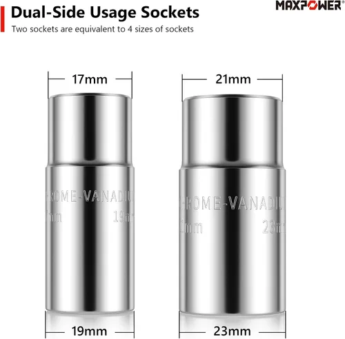 Vista 5 de MAXPOWER Llave para ruedas, Llave de neumático con transmisión de 1/2 pulgada y 2 piezas de llaves estándar (17 mm/19 mm, 21 mm/23 mm), Llave