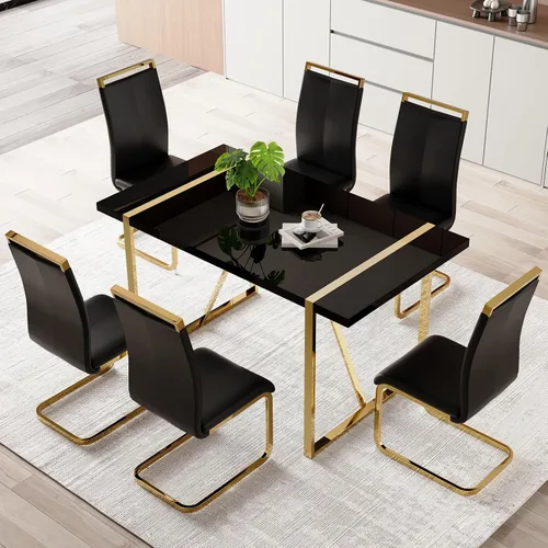 Vista 6 de Mesa de comedor Ebullient para 4, mesa de comedor rectangular negra de MDF, tapa de mesa de cena de mármol falso, mesa de comedor moderna con marco