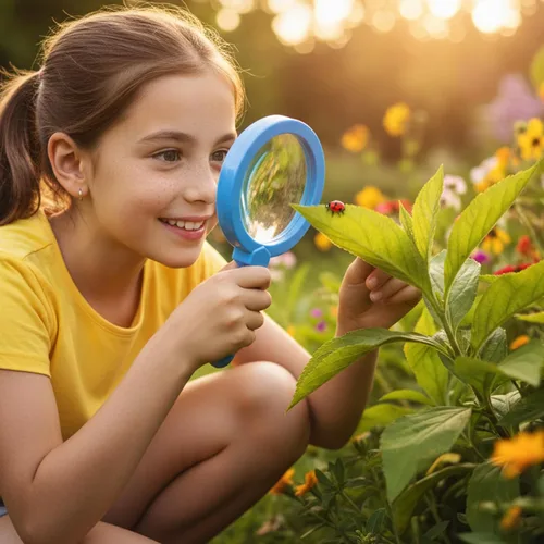 Vista 2 de Lupa de mano para niños con soporte, lupa de lectura para juegos de exploración, juguete para niños de 3 años en adelante, lupa de aumento 5X (azul)